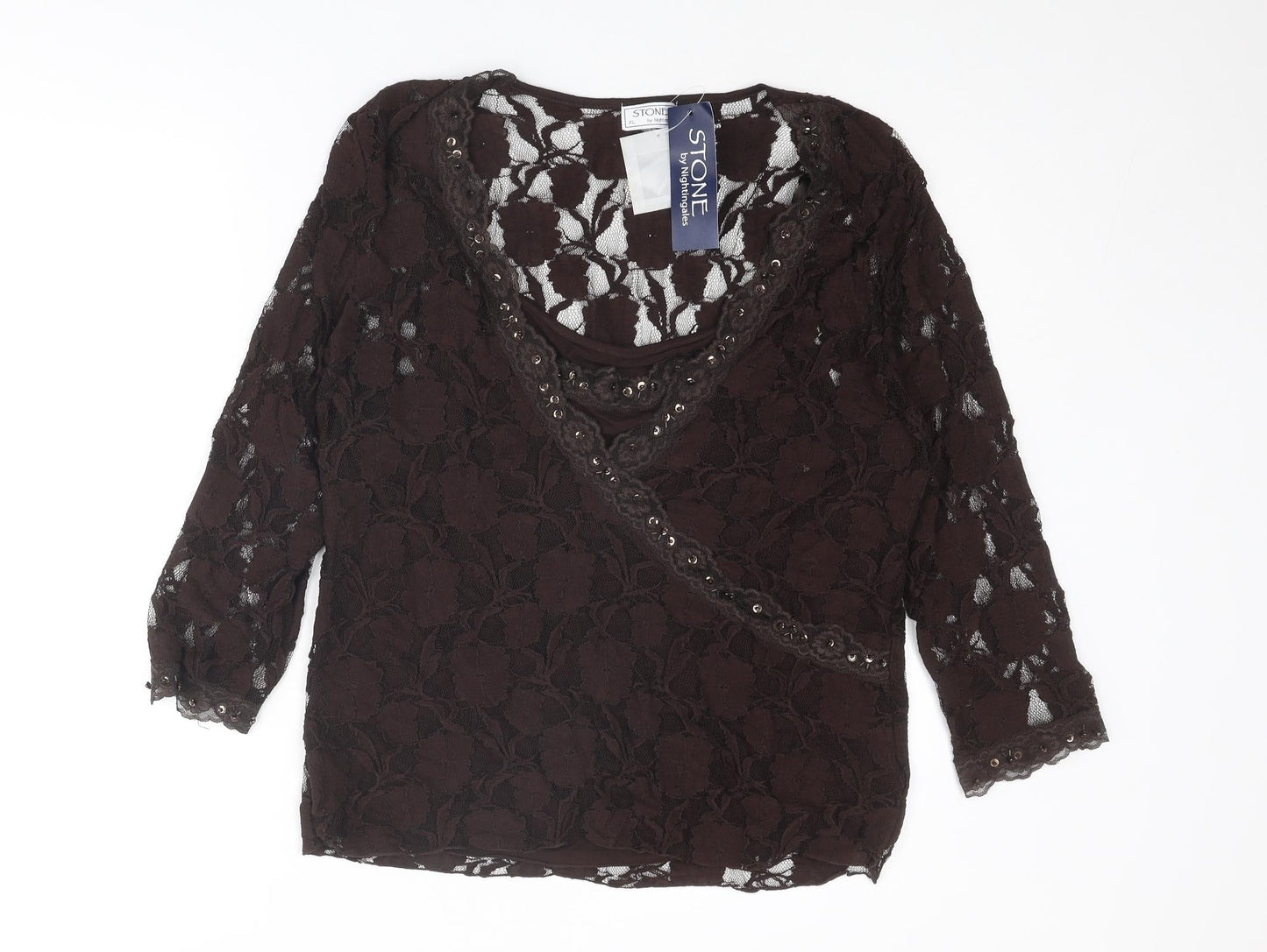 Nightingales Womens Brown Nylon Basic Blouse Size XL Scoop Neck