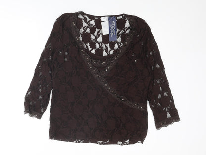 Nightingales Womens Brown Nylon Basic Blouse Size XL Scoop Neck