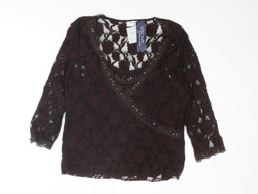 Nightingales Womens Brown Nylon Basic Blouse Size XL Scoop Neck