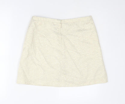 H&M Womens Ivory Geometric Cotton A-Line Skirt Size 10 Zip