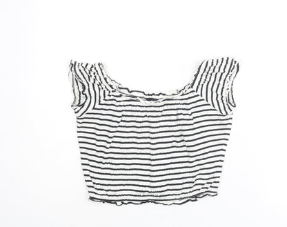 New Look Womens White Striped Cotton Cropped T-Shirt Size 14 Boat Neck