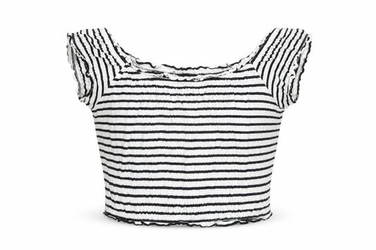 New Look Womens White Striped Cotton Cropped T-Shirt Size 14 Boat Neck