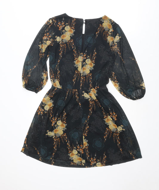 Miss Selfridge Womens Black Geometric Polyester A-Line Size 6 Round Neck Button