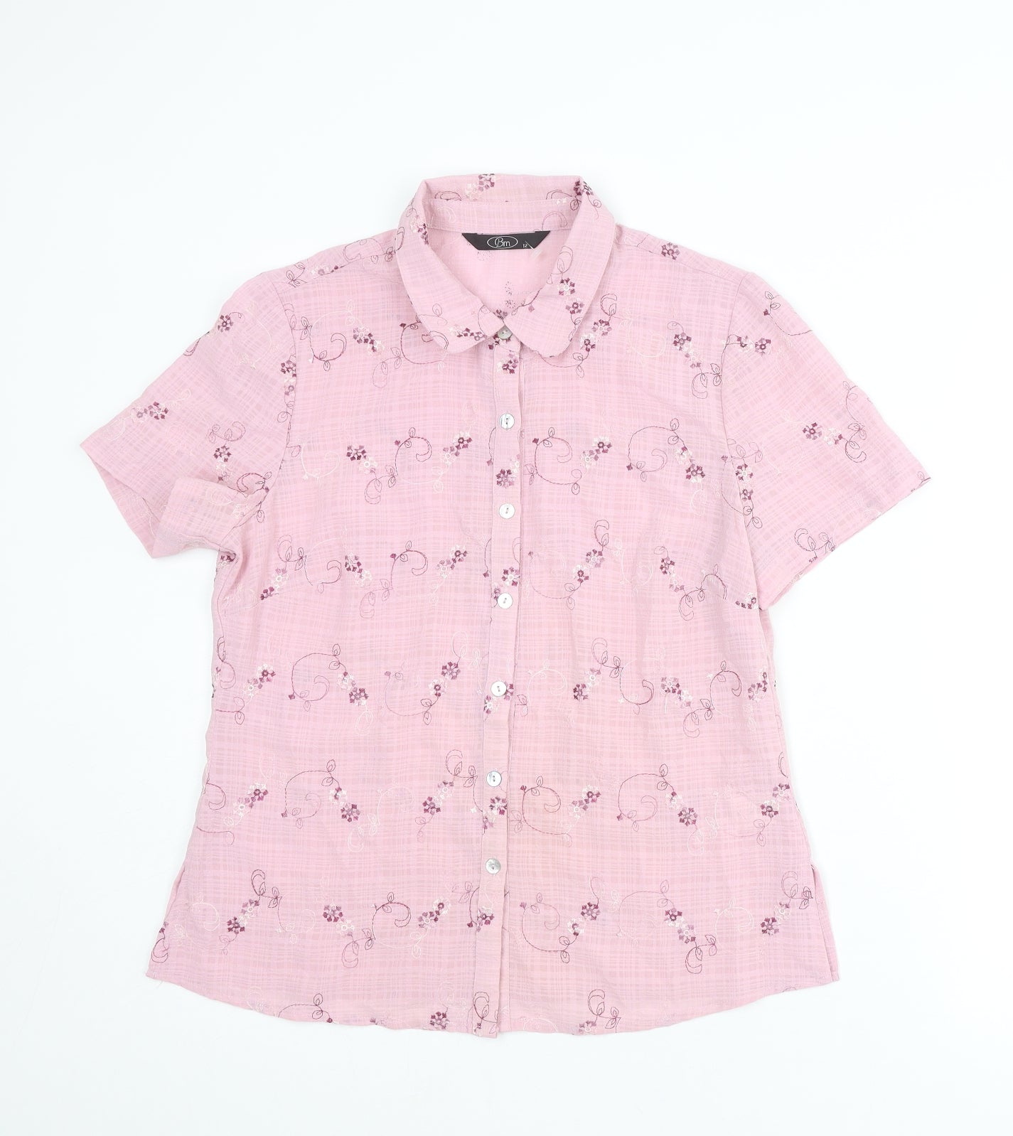 Bonmarché Womens Pink Floral Polyester Basic Button-Up Size 12 Collared
