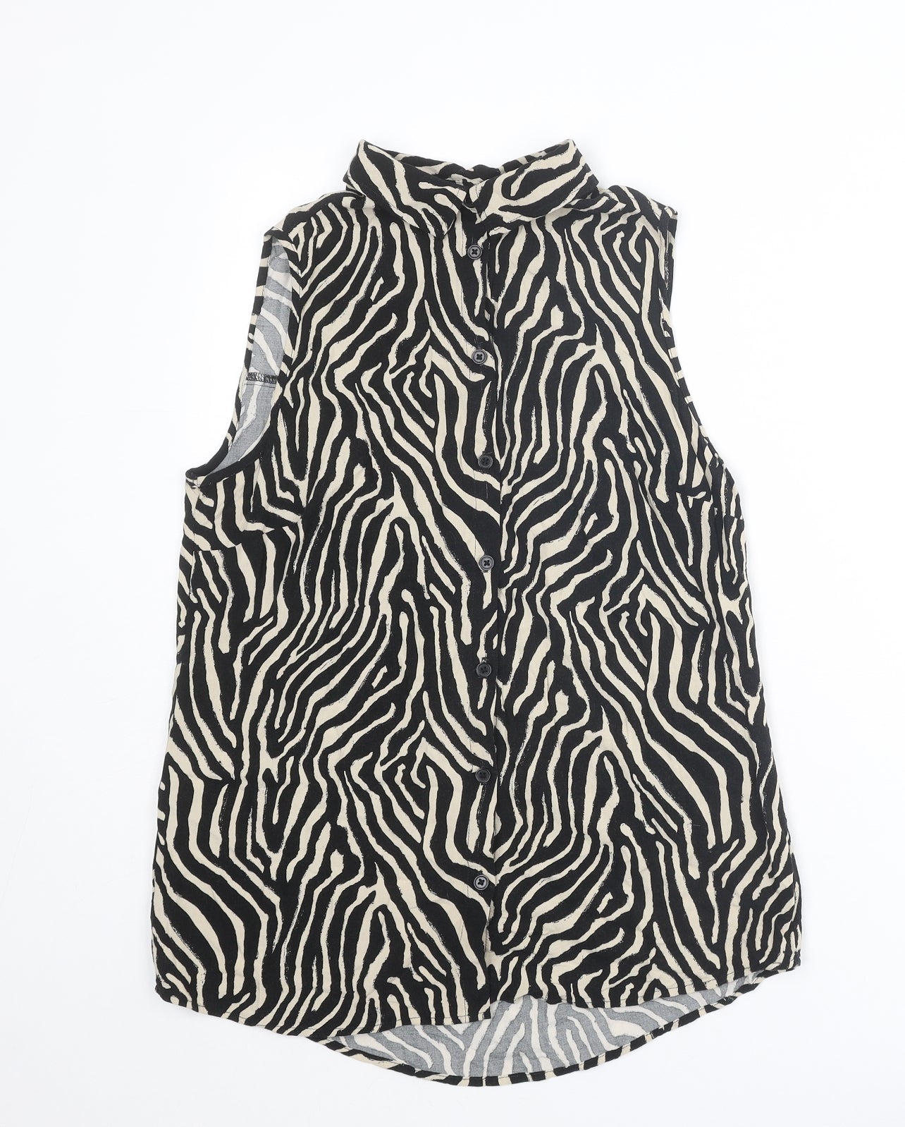 EWM Womens Black Animal Print Viscose Basic Button-Up Size 12 Collared - Tiger Print