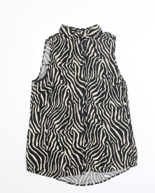 EWM Womens Black Animal Print Viscose Basic Button-Up Size 12 Collared - Tiger Print