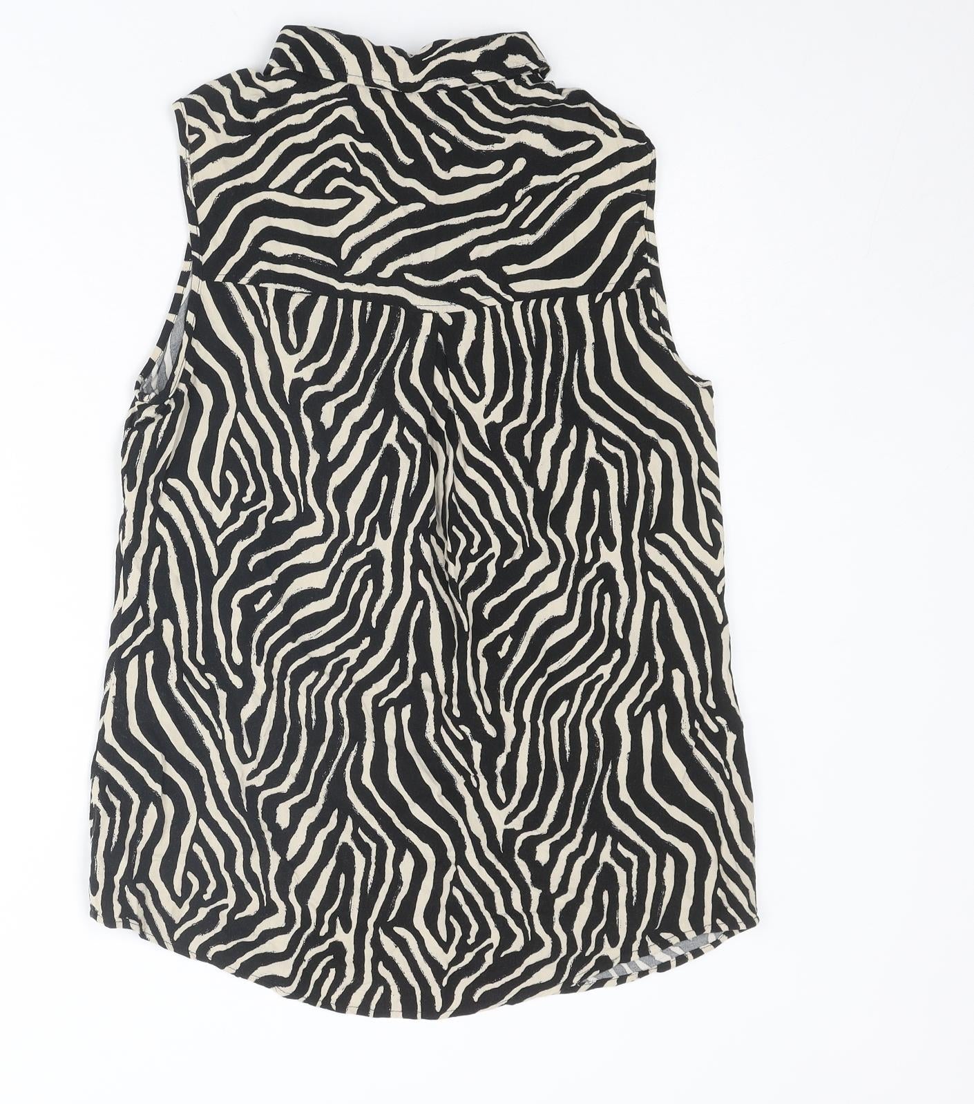 EWM Womens Black Animal Print Viscose Basic Button-Up Size 12 Collared - Tiger Print