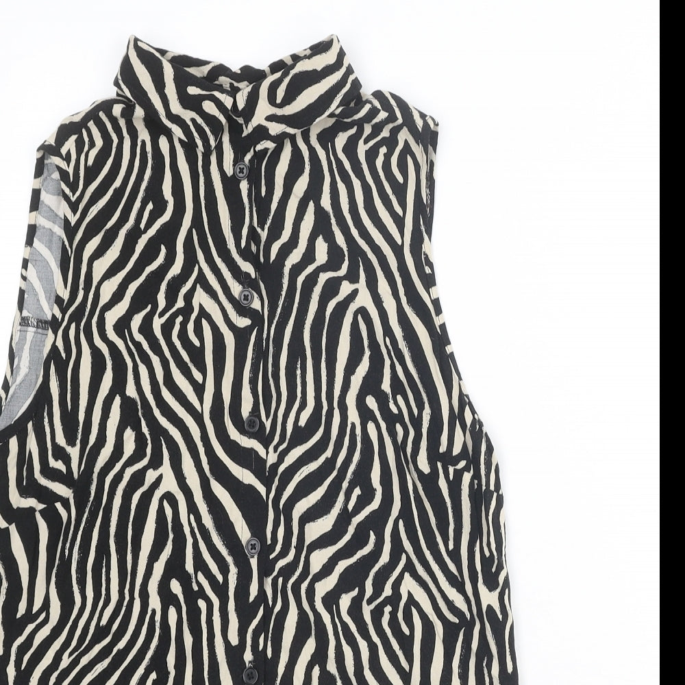 EWM Womens Black Animal Print Viscose Basic Button-Up Size 12 Collared - Tiger Print