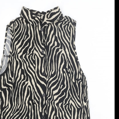 EWM Womens Black Animal Print Viscose Basic Button-Up Size 12 Collared - Tiger Print