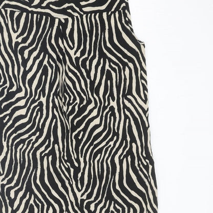 EWM Womens Black Animal Print Viscose Basic Button-Up Size 12 Collared - Tiger Print