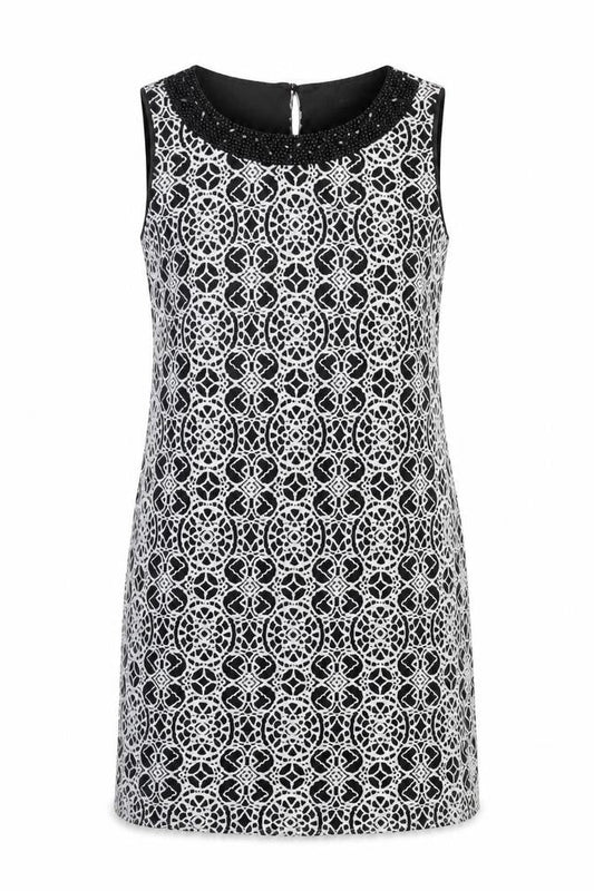 Front view of Roman women’s black geometric polyimide shift, size UK 12, boat neck pullover