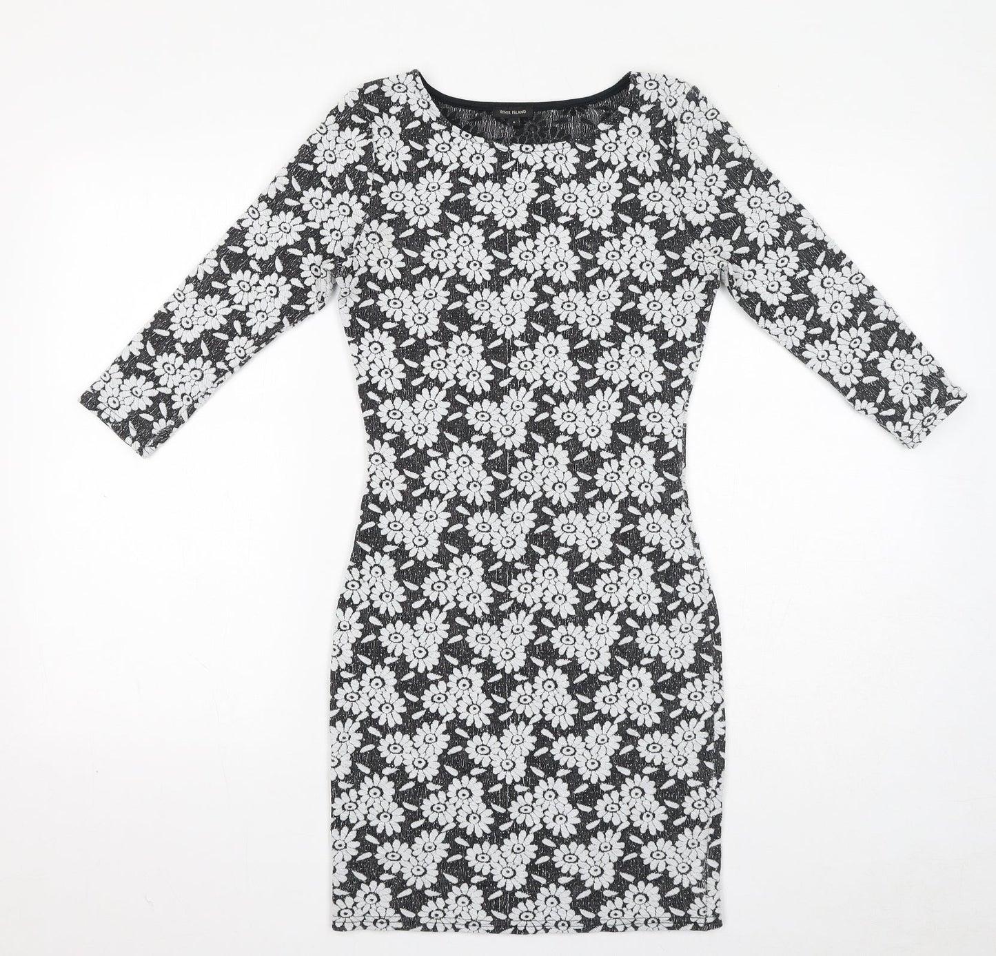 River Island Womens Black Floral Polyester Bodycon Size 6 Boat Neck Pullover