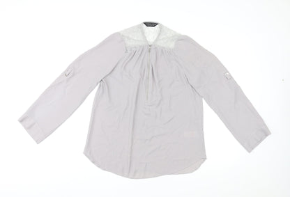Dorothy Perkins Womens Grey Polyester Basic Blouse Size 12 V-Neck - Lace Trim