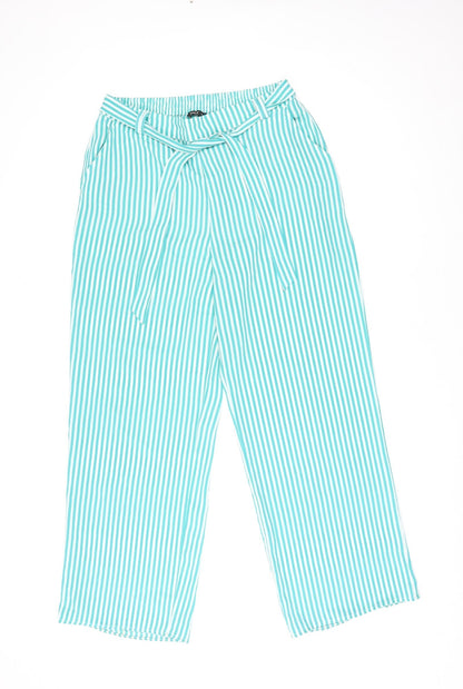 Only Womens Green Striped Polyester Trousers Size 12 L29 in Regular Tie