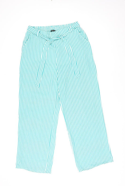 Only Womens Green Striped Polyester Trousers Size 12 L29 in Regular Tie