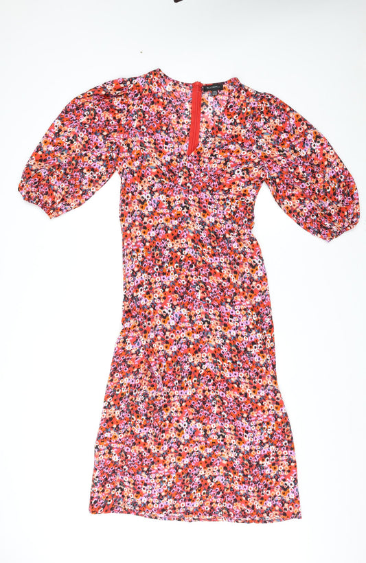 Blue Vanilla Womens Multicoloured Floral Polyester A-Line Size 8 V-Neck Zip