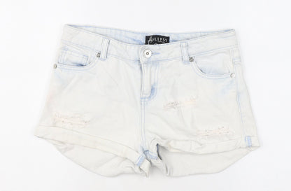 Lipsy Womens Blue Polyester Hot Pants Shorts Size 8 L3 in Regular Zip - Washed Colour Effect, Distressed Look