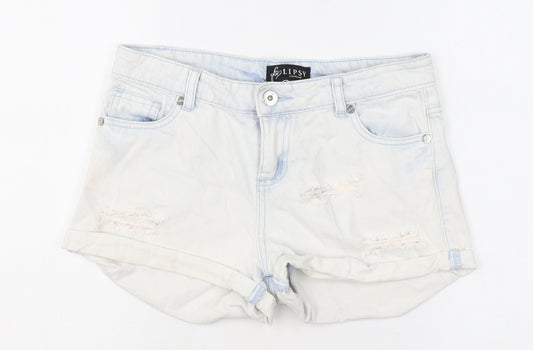 Lipsy Womens Blue Polyester Hot Pants Shorts Size 8 L3 in Regular Zip - Washed Colour Effect, Distressed Look