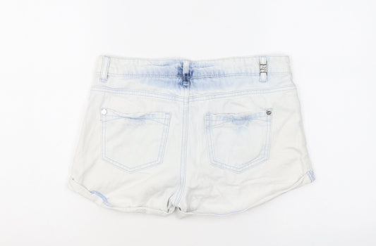 Lipsy Womens Blue Polyester Hot Pants Shorts Size 8 L3 in Regular Zip - Washed Colour Effect, Distressed Look