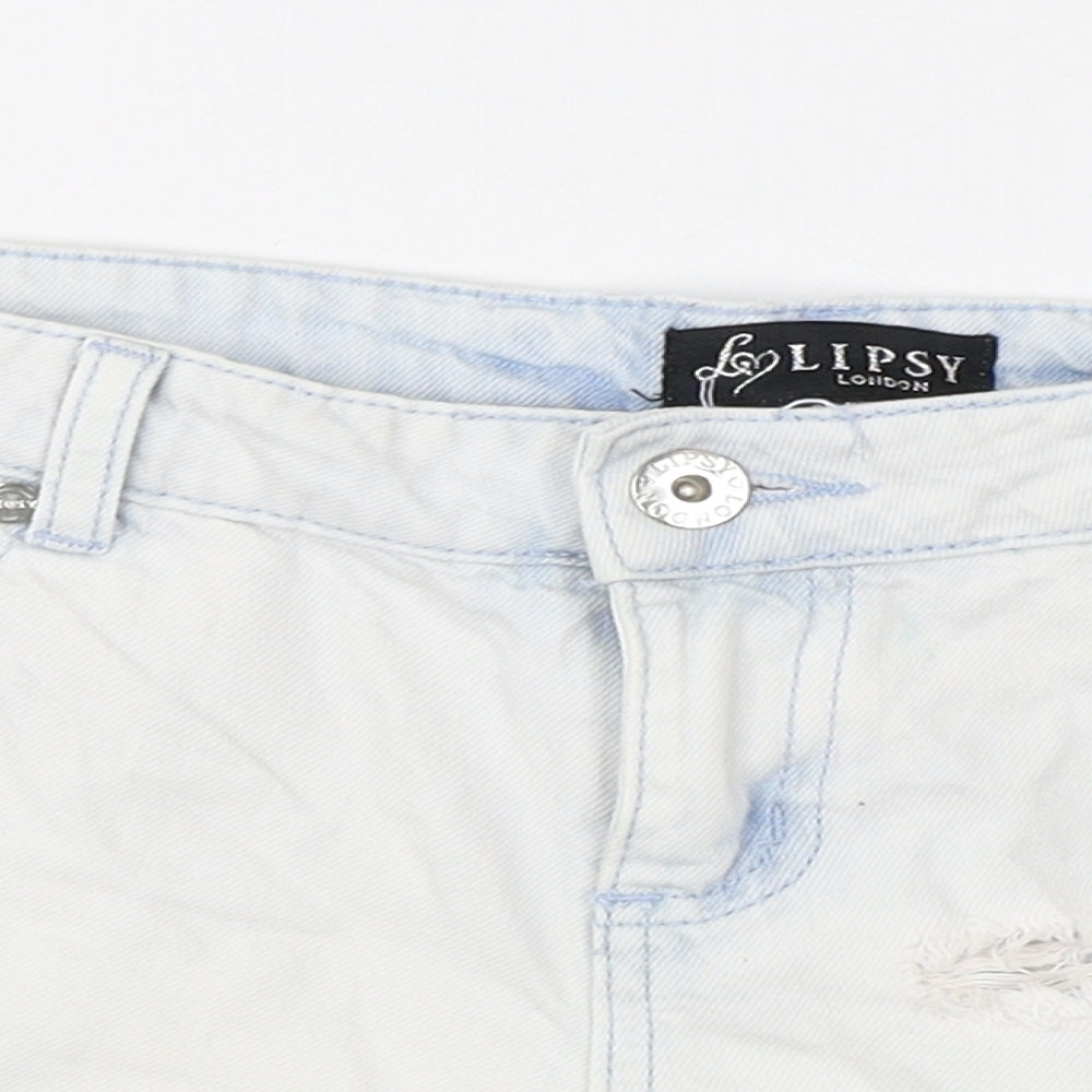 Lipsy Womens Blue Polyester Hot Pants Shorts Size 8 L3 in Regular Zip - Washed Colour Effect, Distressed Look