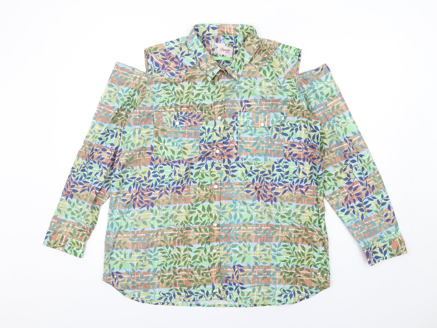 Pareesa Pret Womens Multicoloured Geometric Cotton Basic Button-Up Size L Collared - Cold Shoulder Detail