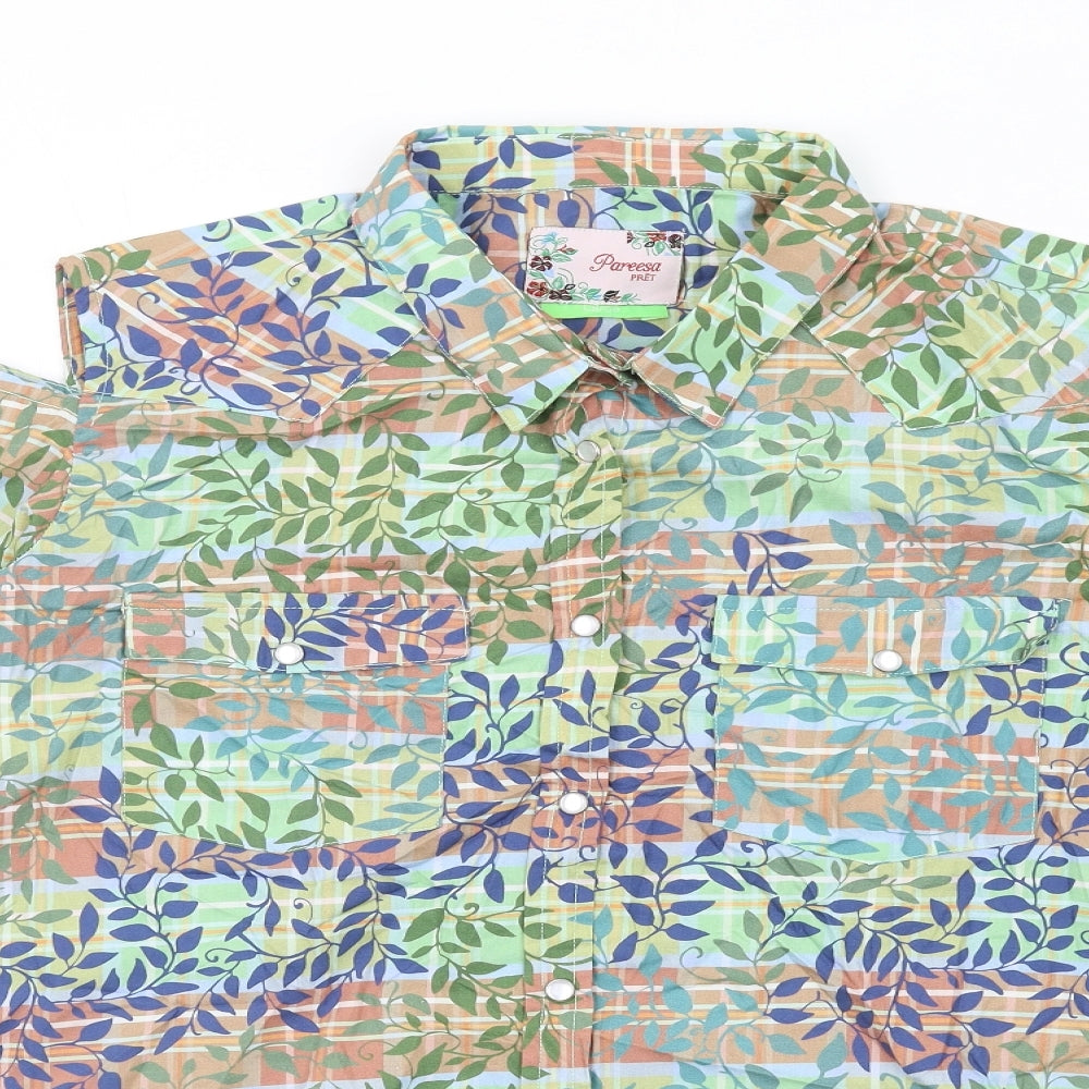 Pareesa Pret Womens Multicoloured Geometric Cotton Basic Button-Up Size L Collared - Cold Shoulder Detail