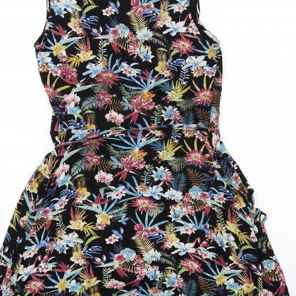 Mango Womens Multicoloured Floral Viscose A-Line Size S V-Neck Tie