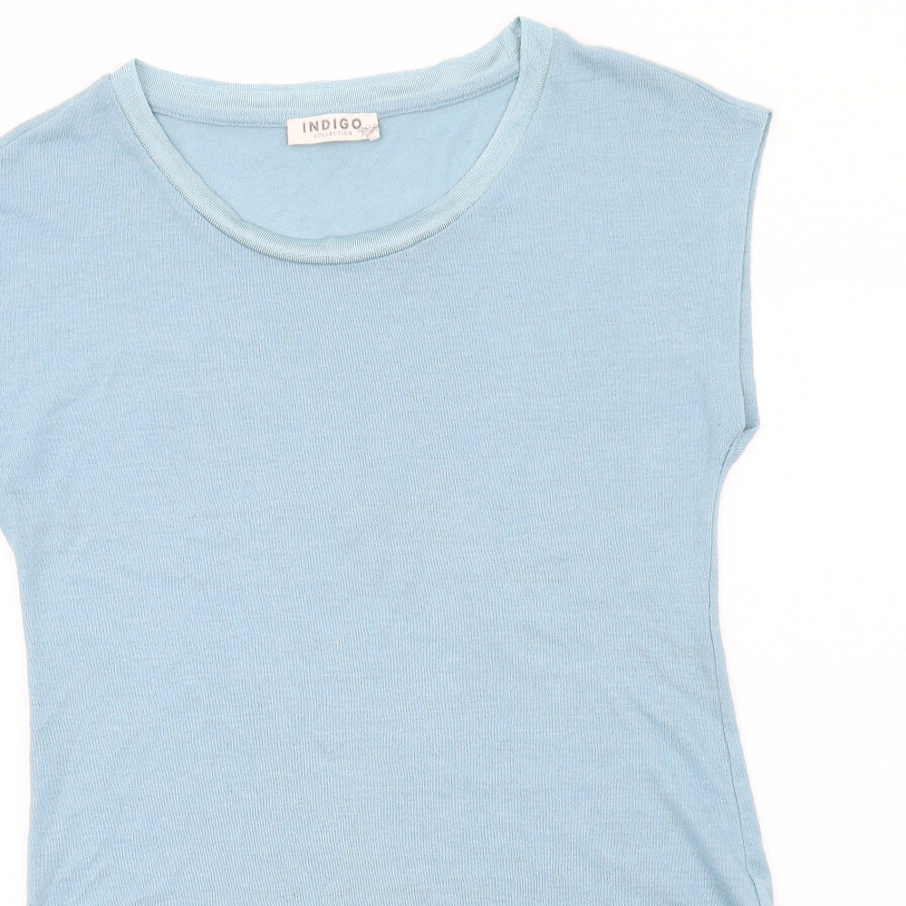 Indigo Womens Blue Polyester Basic T-Shirt Size 12 Boat Neck - Asymmetric Hem