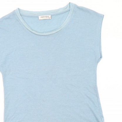 Indigo Womens Blue Polyester Basic T-Shirt Size 12 Boat Neck - Asymmetric Hem