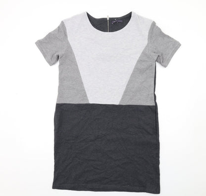 Marks and Spencer Womens Grey Geometric Polyester T-Shirt Dress Size 14 Round Neck Zip