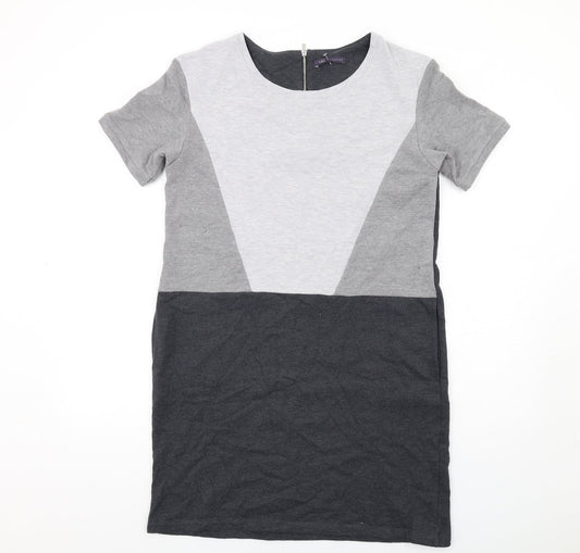 Marks and Spencer Womens Grey Geometric Polyester T-Shirt Dress Size 14 Round Neck Zip