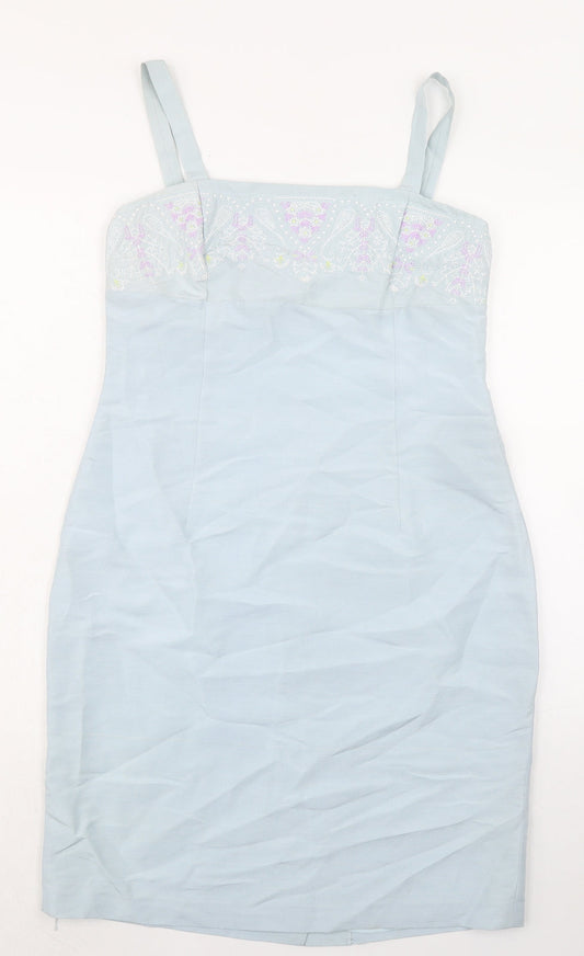 Etam Womens Blue Silk A-Line Size 14 Square Neck Zip