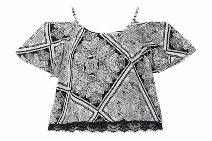 Select Womens Black Paisley Viscose Basic Blouse Size 6 Round Neck - Cold Shoulder Detail
