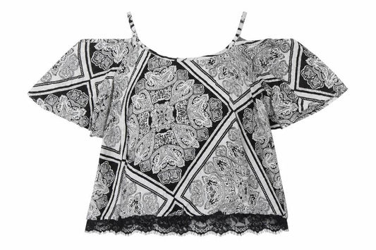 Select Womens Black Paisley Viscose Basic Blouse Size 6 Round Neck - Cold Shoulder Detail