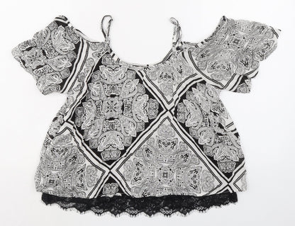 Select Womens Black Paisley Viscose Basic Blouse Size 6 Round Neck - Cold Shoulder Detail
