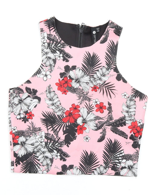 Cotton On Womens Pink Floral Polyester Cropped Tank Size S Round Neck