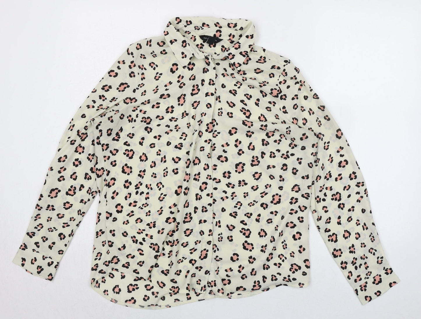 New Look Womens Ivory Animal Print Polyester Basic Button-Up Size 14 Collared - Leopard Print