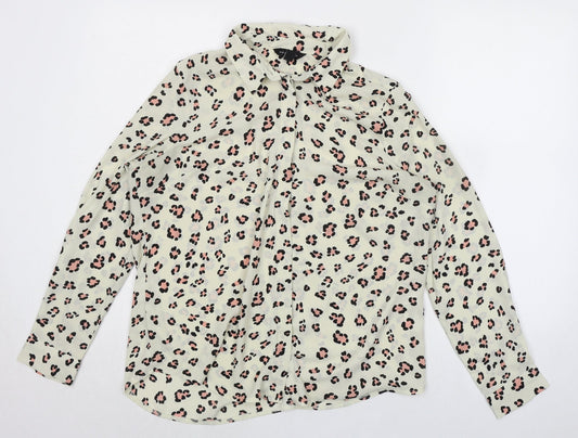 New Look Womens Ivory Animal Print Polyester Basic Button-Up Size 14 Collared - Leopard Print