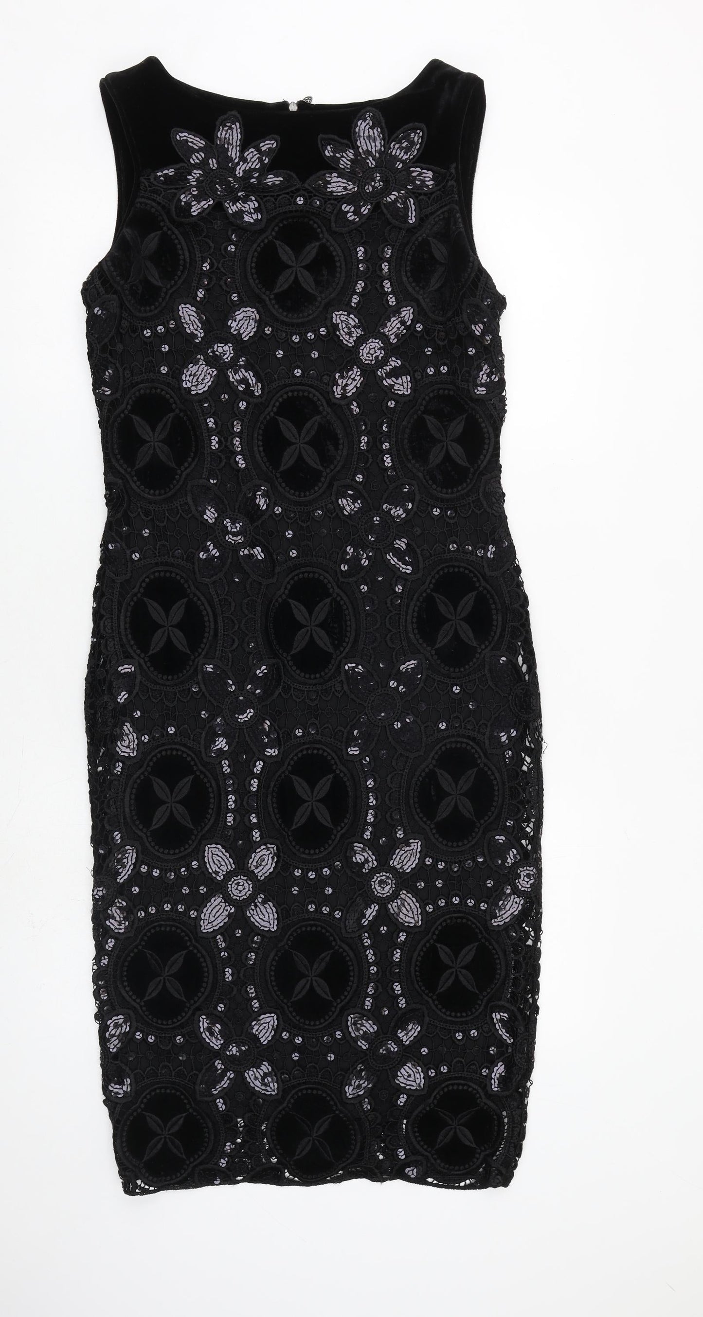 Damsel in a Dress Womens Black Geometric Polyester Shift Size 12 Boat Neck Zip