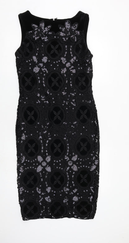 Damsel in a Dress Womens Black Geometric Polyester Shift Size 12 Boat Neck Zip