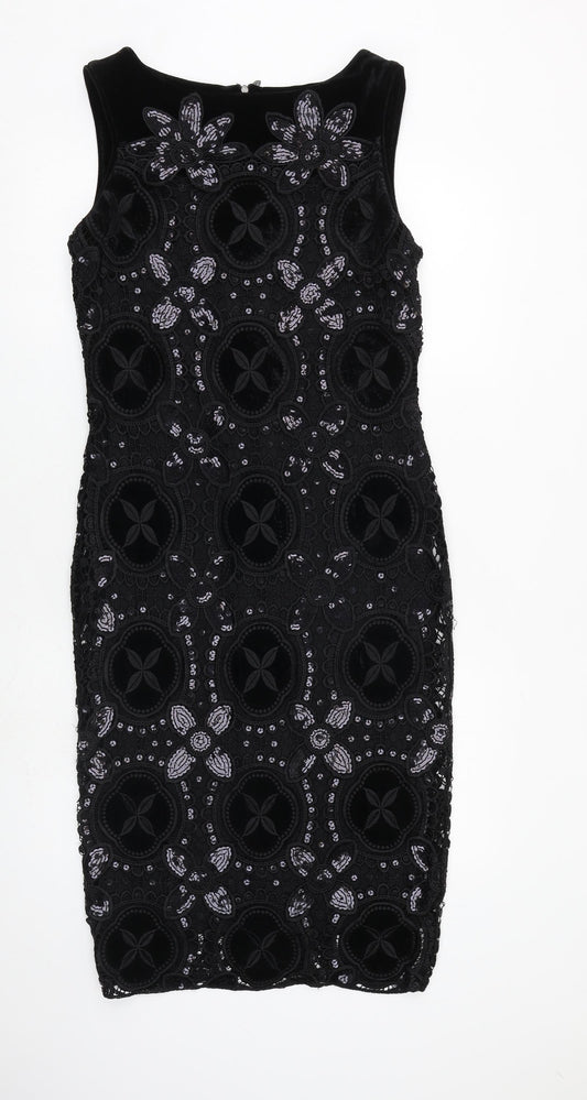 Damsel in a Dress Womens Black Geometric Polyester Shift Size 12 Boat Neck Zip