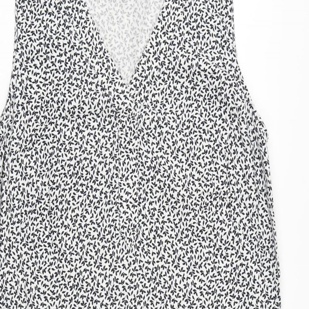 Marks and Spencer Womens White Floral Flax A-Line Size 12 V-Neck Pullover