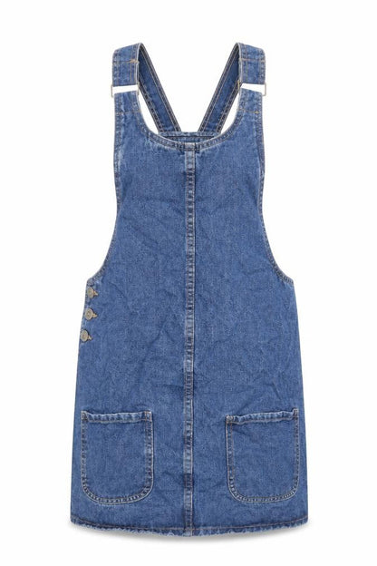 Front view of Denim & Co. women’s blue 100% cotton pinafore/dungaree dress, size UK 6, round neck buckle