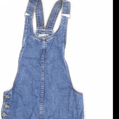 Denim & Co. Womens Blue 100% Cotton Pinafore/Dungaree Dress Size 6 Round Neck Buckle