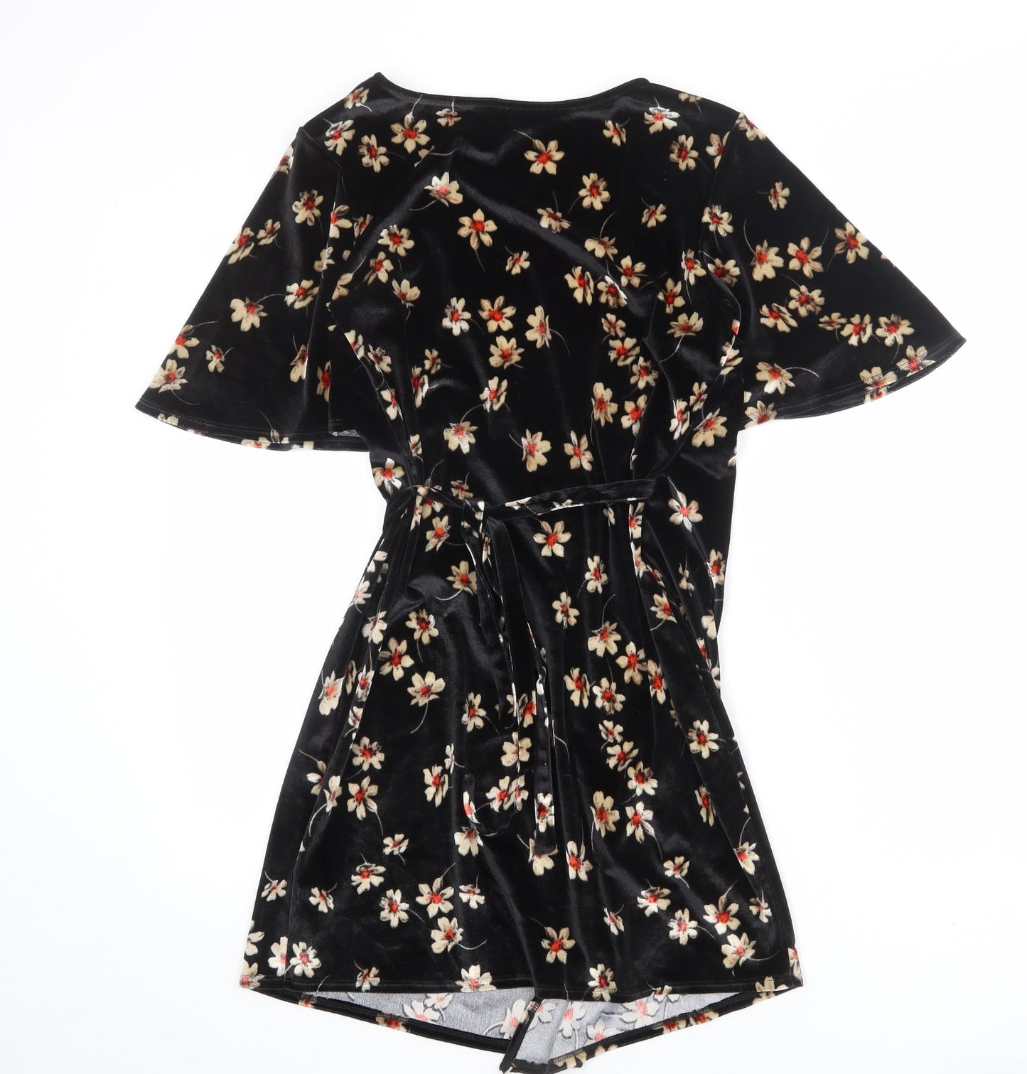 Topshop Womens Black Floral Polyester Wrap Dress Size 10 V-Neck Tie - Angel Sleeve