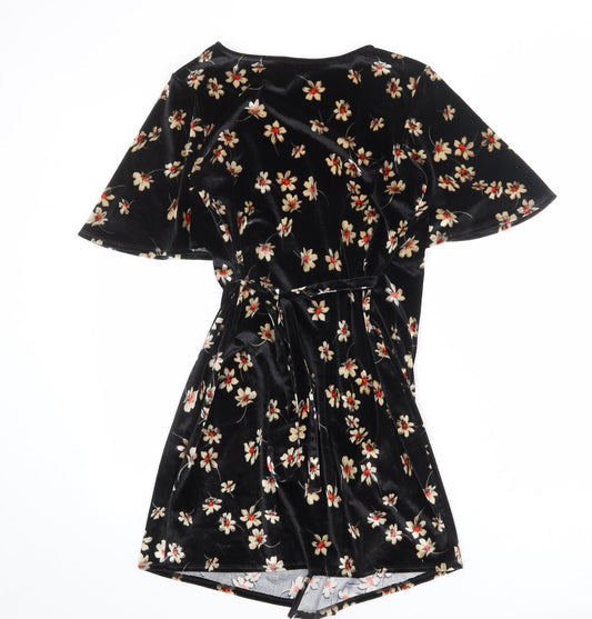 Topshop Womens Black Floral Polyester Wrap Dress Size 10 V-Neck Tie - Angel Sleeve
