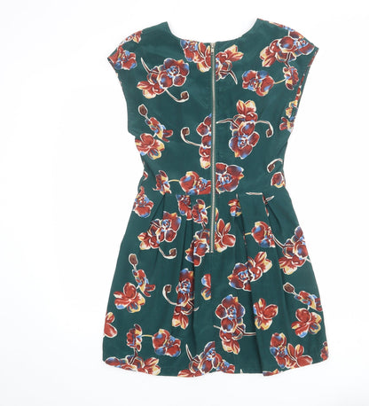 Glamorous Womens Green Floral Polyester Shift Size 8 Boat Neck Zip
