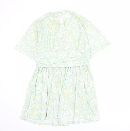 ASOS Womens Green Floral Polyester Mini Size 14 Round Neck Button