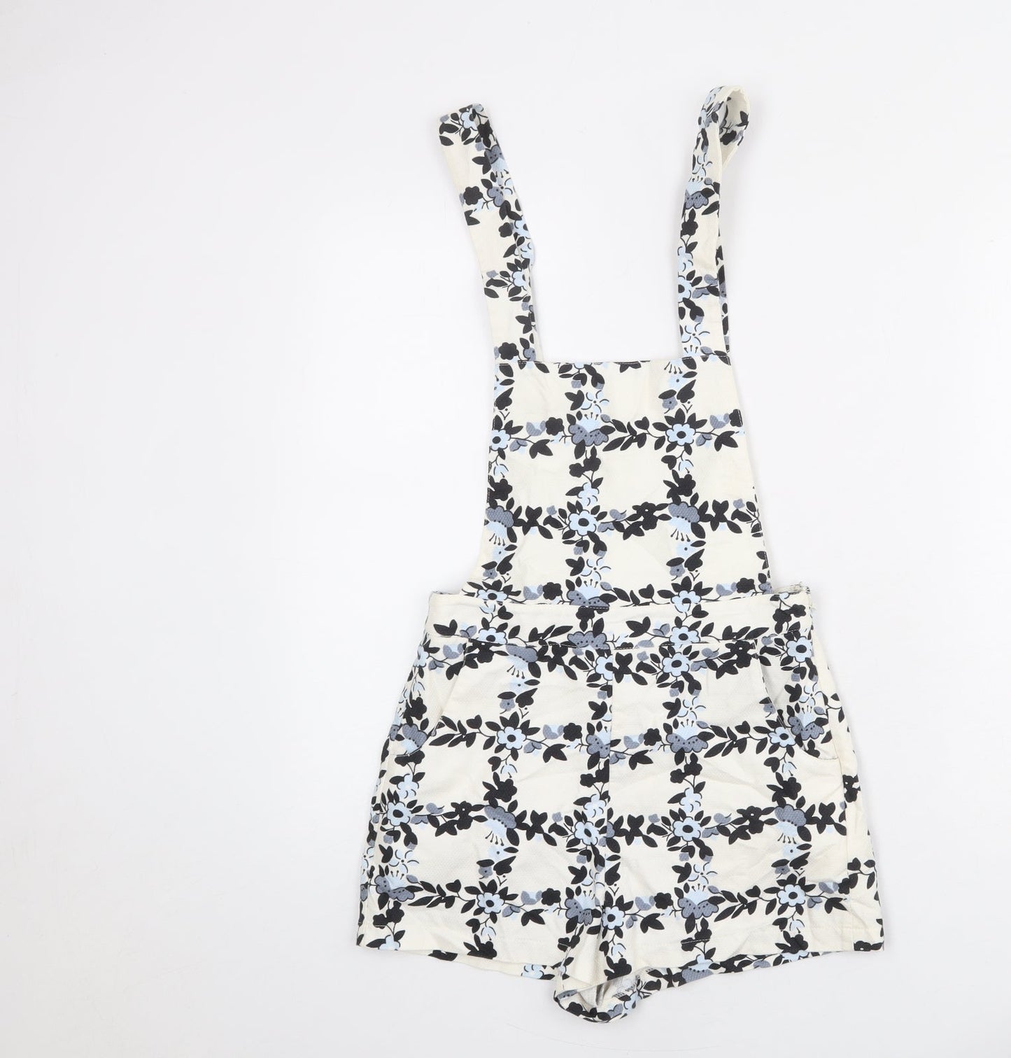 Topshop Womens Ivory Floral Cotton Dungaree One-Piece Size 10 L3 in Button