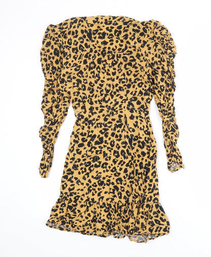 Topshop Womens Brown Animal Print Viscose Wrap Dress Size 8 V-Neck Tie - Leopard pattern